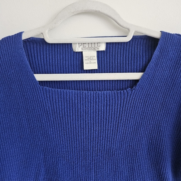 Vintage Petite Sophisticate Blue Short Sleeve Cable Knit Top - Picture 3 of 7